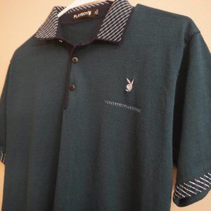 Playboy Men's Grey and Green T-shirt Polo forest green Vintage size small